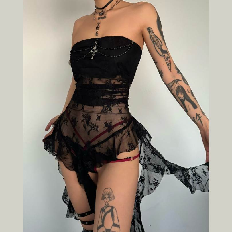 Lace Cross Applique Irregular Tube Mini Dress - Y2K Fashion & Coquette Aesthetic Style