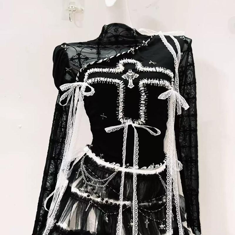 Lace Hem Mesh Cross Pattern Mini Skirt Set - Y2K Fashion & Grunge Aesthetic Outfit