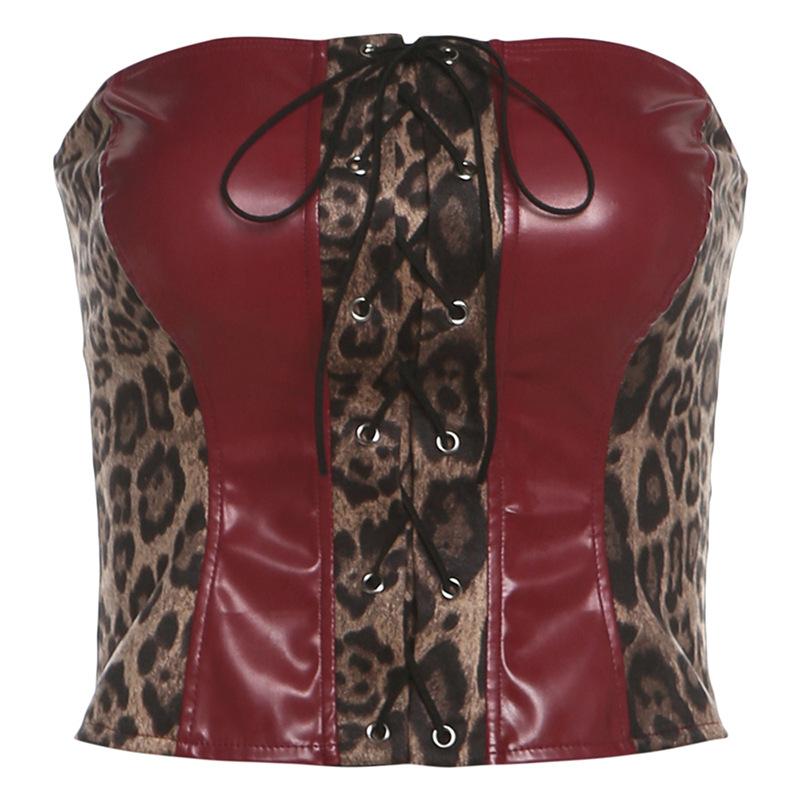 Leopard Print Lace-Up PU Leather Patchwork Tube Top - Y2K Fashion & Grunge Aesthetic Style