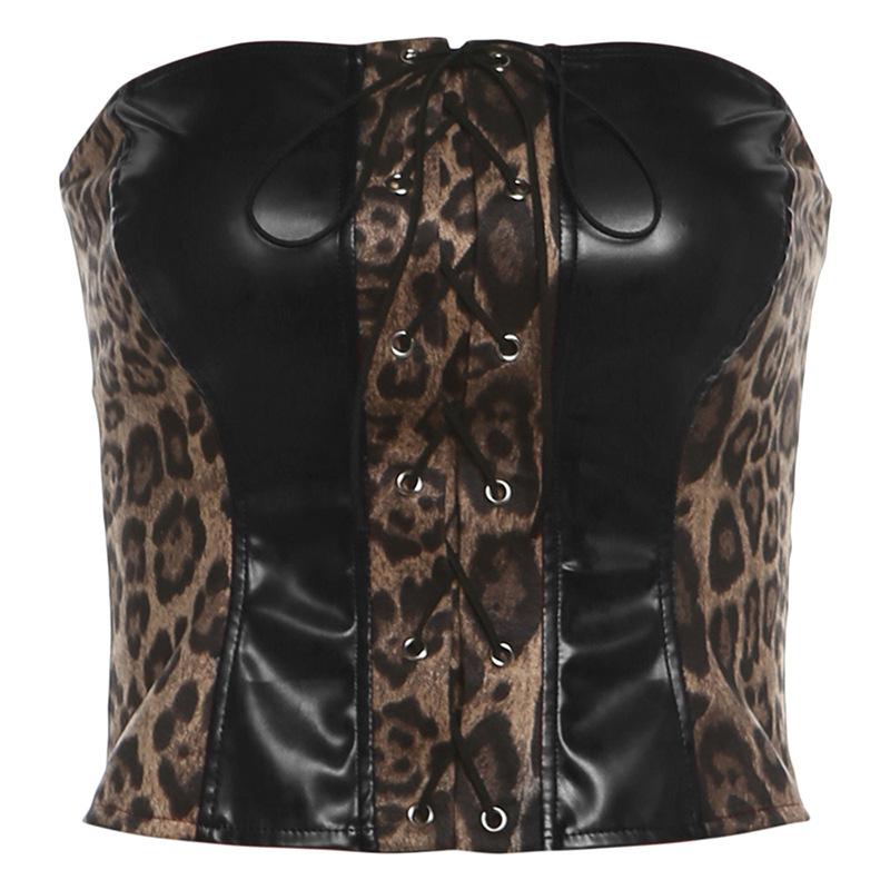 Leopard Print Lace-Up PU Leather Patchwork Tube Top - Y2K Fashion & Grunge Aesthetic Style