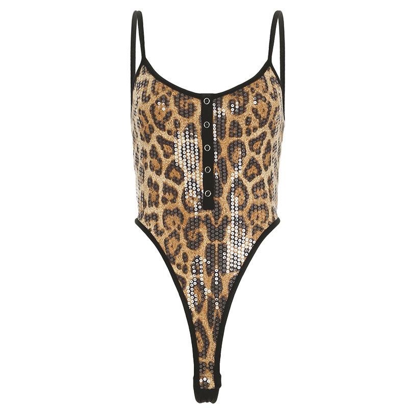 Leopard Print U-Neck Glitter Button Cami Bodysuit - Y2K Fashion & Coquette Aesthetic Top