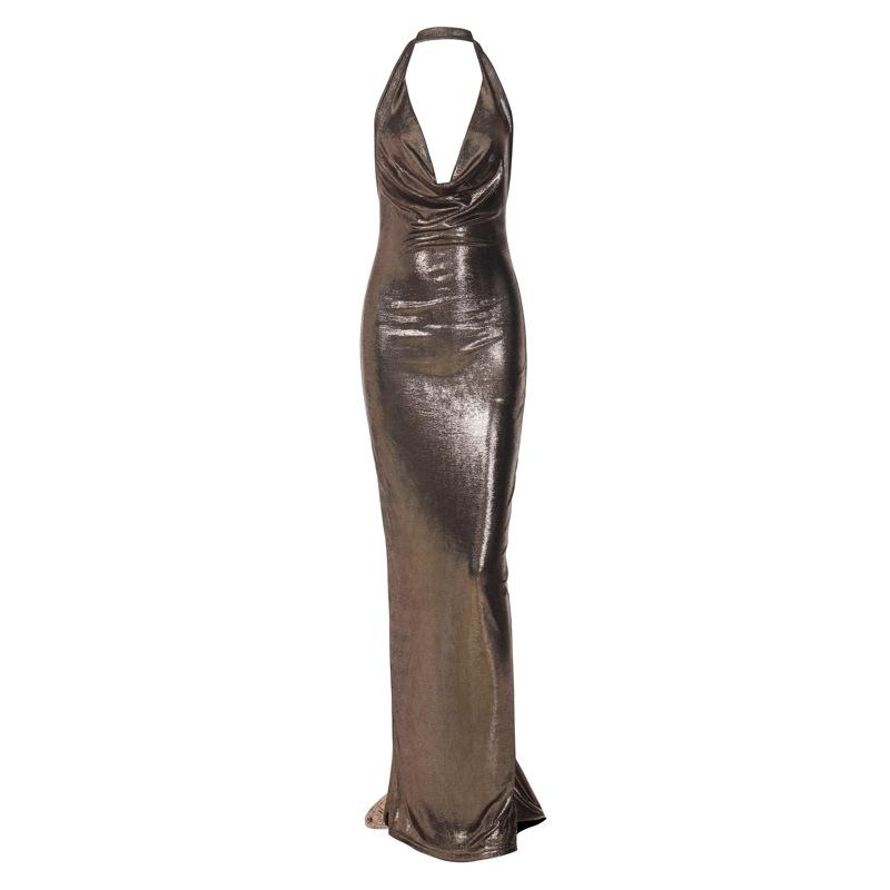 Metallic Cowl Neck Ruched Backless Maxi Dress - Y2K Fashion & Coquette Aesthetic Vibes