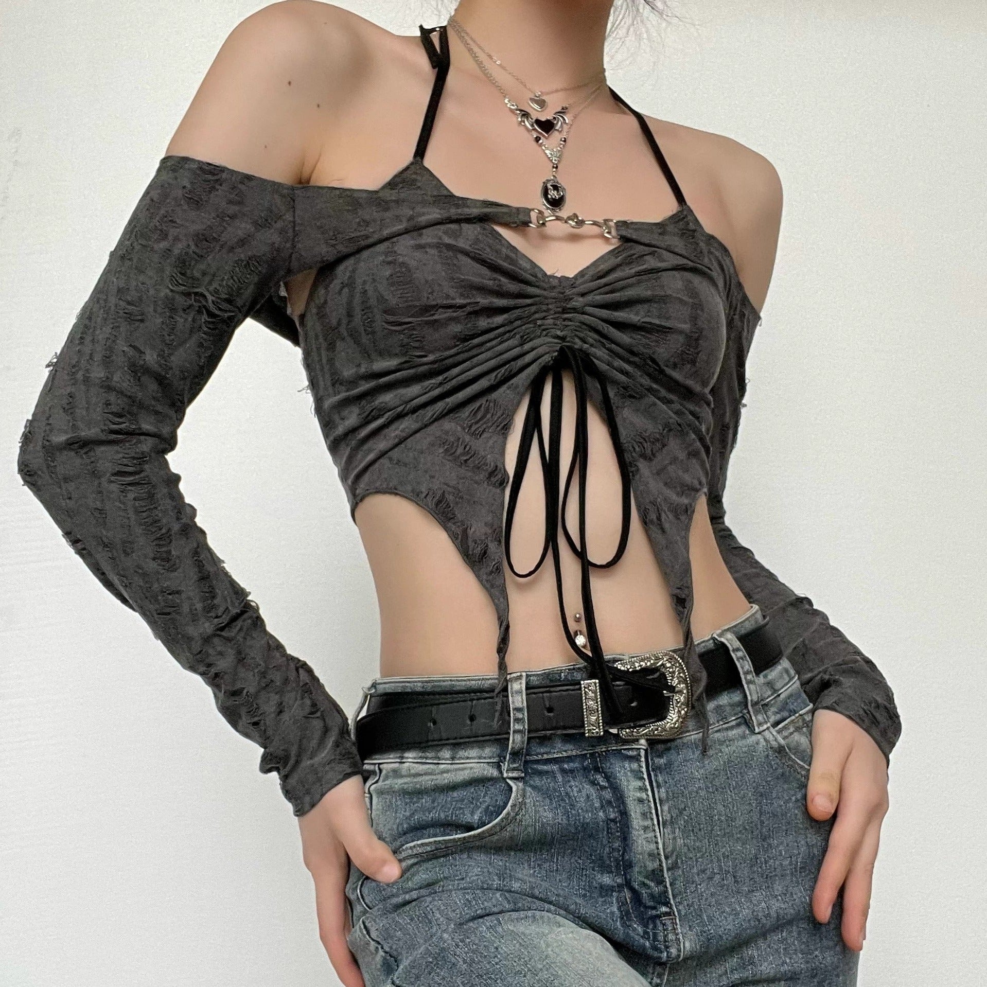 Ruched Drawstring Long Sleeve Halter Slit Off Shoulder Y2K Top - 90s Grunge Revival Aesthetic