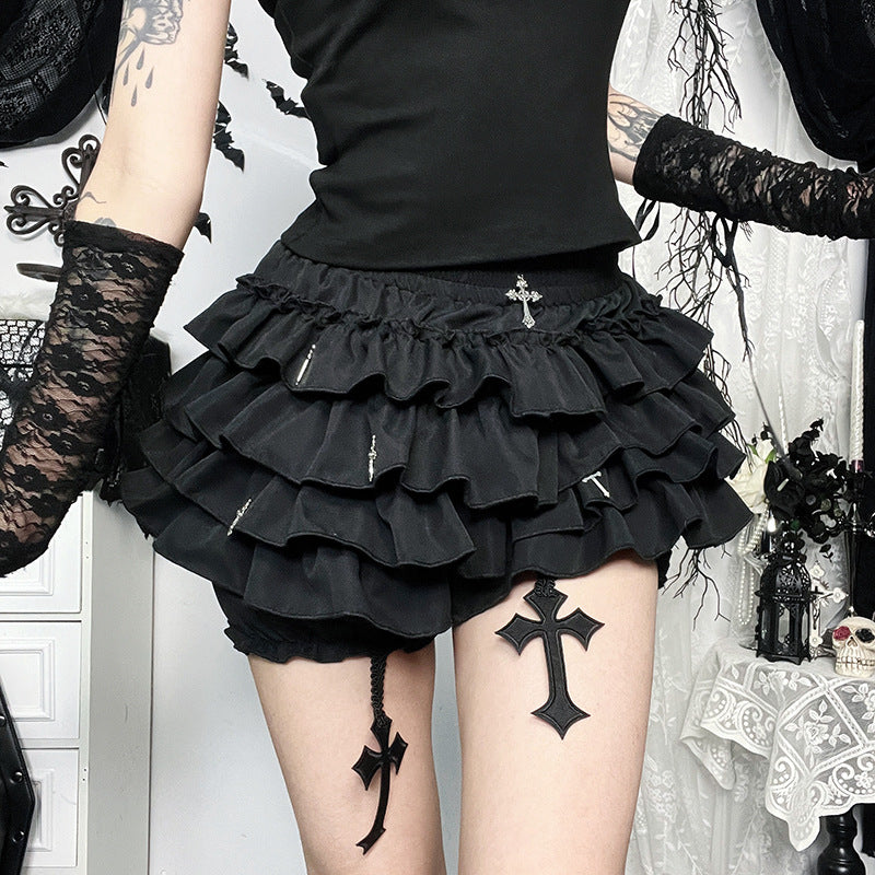Ruffle Cross Appliqué Solid Cargo Skirt - Y2K Fashion Meets 90s Grunge Aesthetic