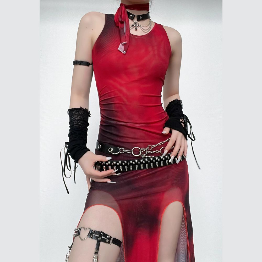 Sheer Mesh Contrast Print Slit Midi Dress - Y2K Fashion & Coquette Aesthetic Style