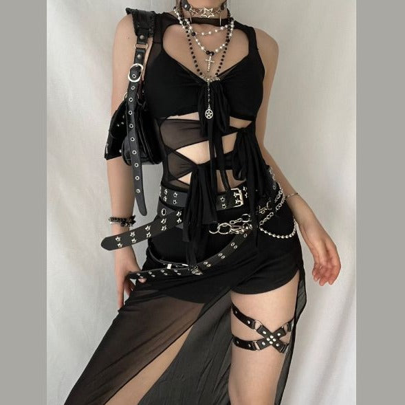 Sheer Mesh Knotted Hollow Out Slit Maxi Dress - Y2K Goth Aesthetic Darkwave Fashion
