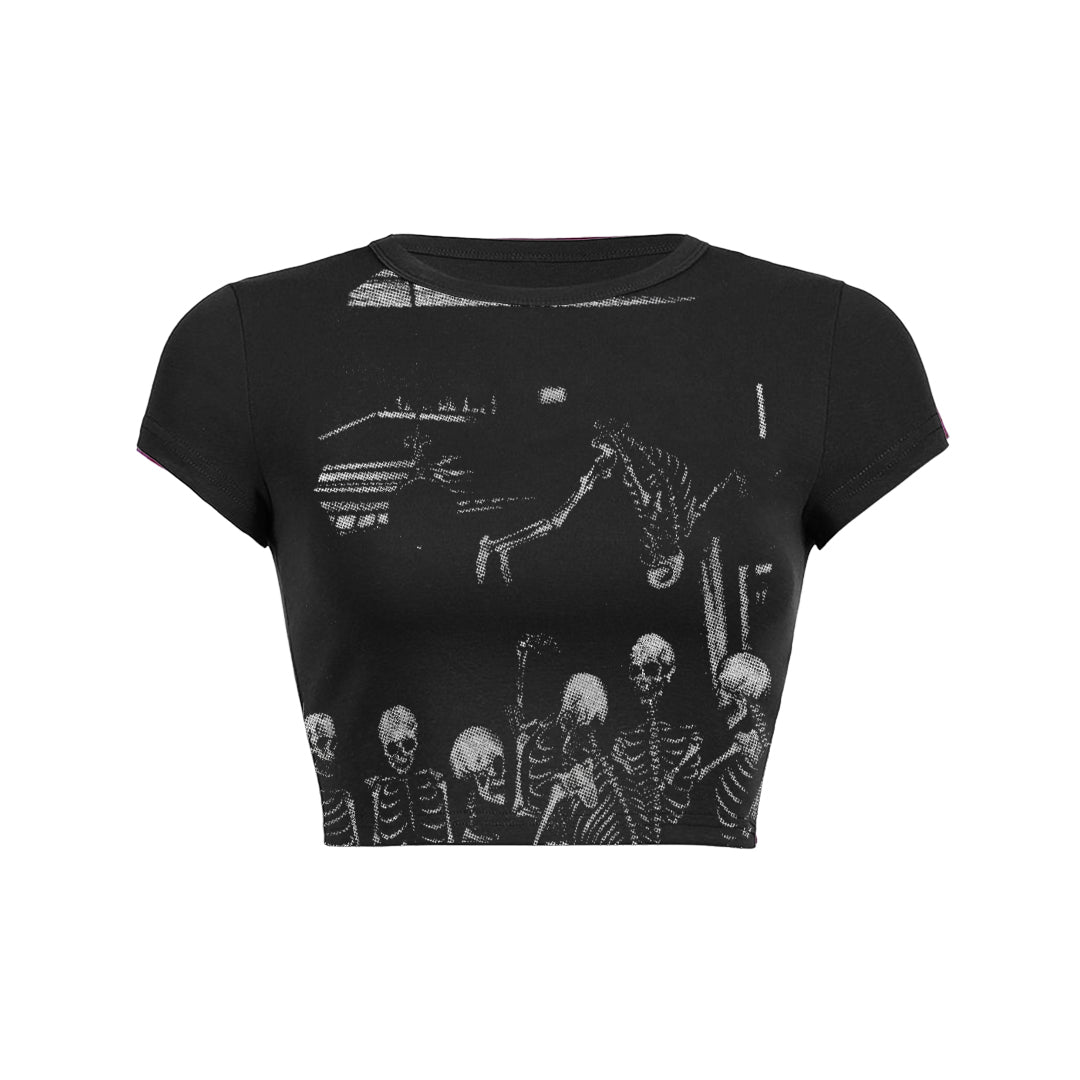 Skeleton Team Print Slant Baby Tee - Y2K Fashion, Grunge Aesthetic, Cute Tops & Comfy Style