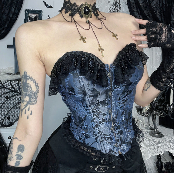Sweetheart Neck Lace Hem Button Print Tube Top - Y2K Fashion & Coquette Aesthetic