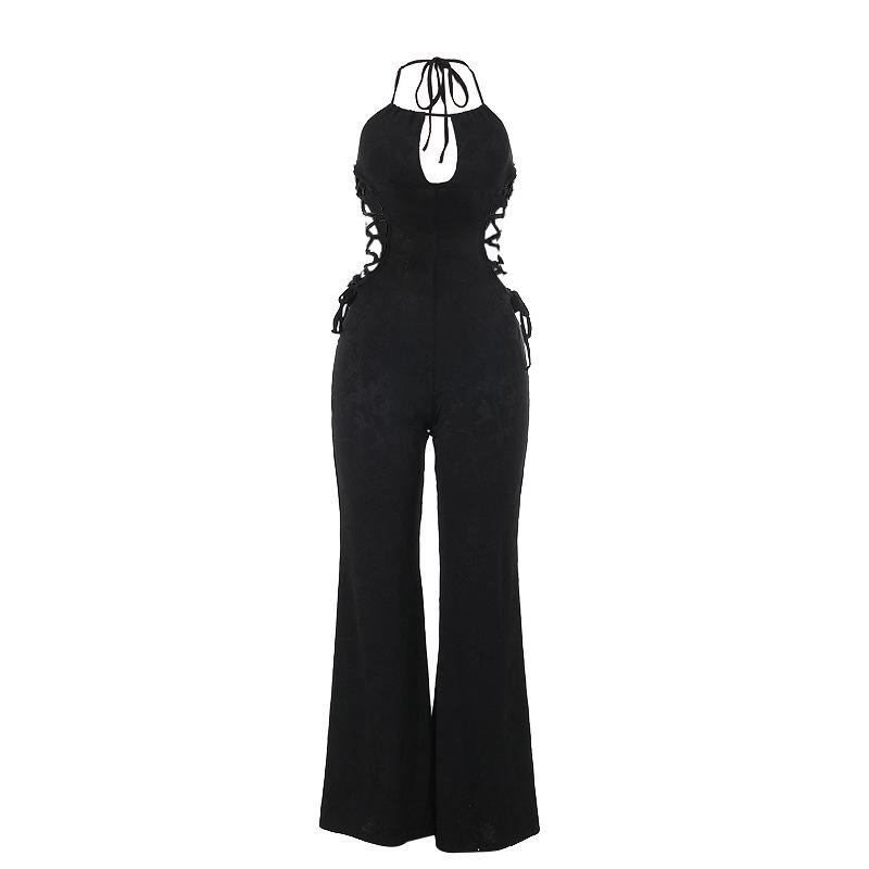 Trendy Y2K Fashion Halter Hollow Out Self Tie Jumpsuit - Grunge Aesthetic & Coquette Style