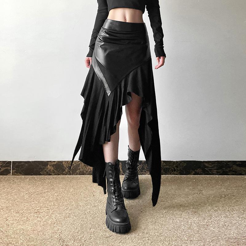Trendy Y2K Fashion PU Leather Patchwork Irregular Midi Skirt for Grunge & Coquette Aesthetic