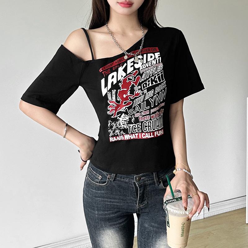 Trendy Y2K Fashion Short Sleeve Hollow Out Letter Print Top - Cute Grunge Aesthetic Style