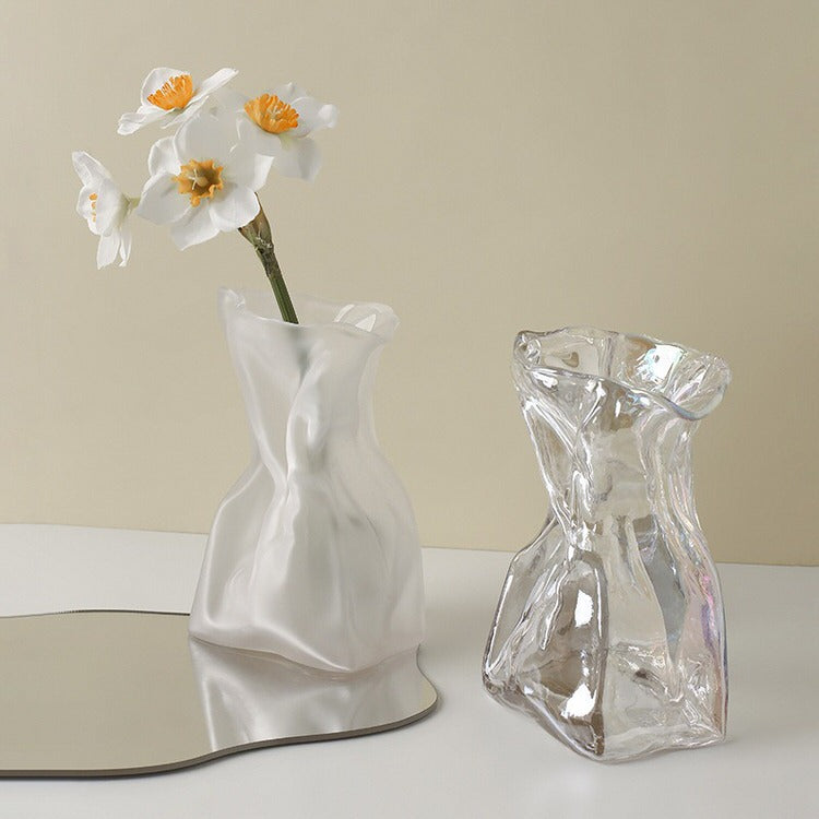 Y2K Aesthetic Crumpled Paper Glass Flower Vase - Cute Home Decor for Grunge & Coquette Styles