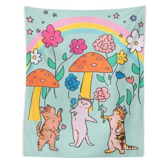 Y2K Aesthetic Dancing Cats Wall Tapestry - Cute Pastel Goth Decor for Cozy Spaces