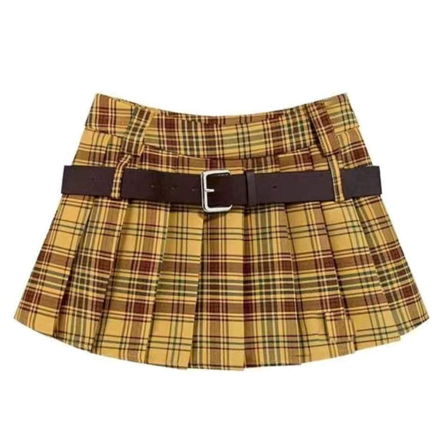 Y2K Aesthetic Double Belt Plaid Pleated Skirt in Yellow - Cute Preppy Grunge Style