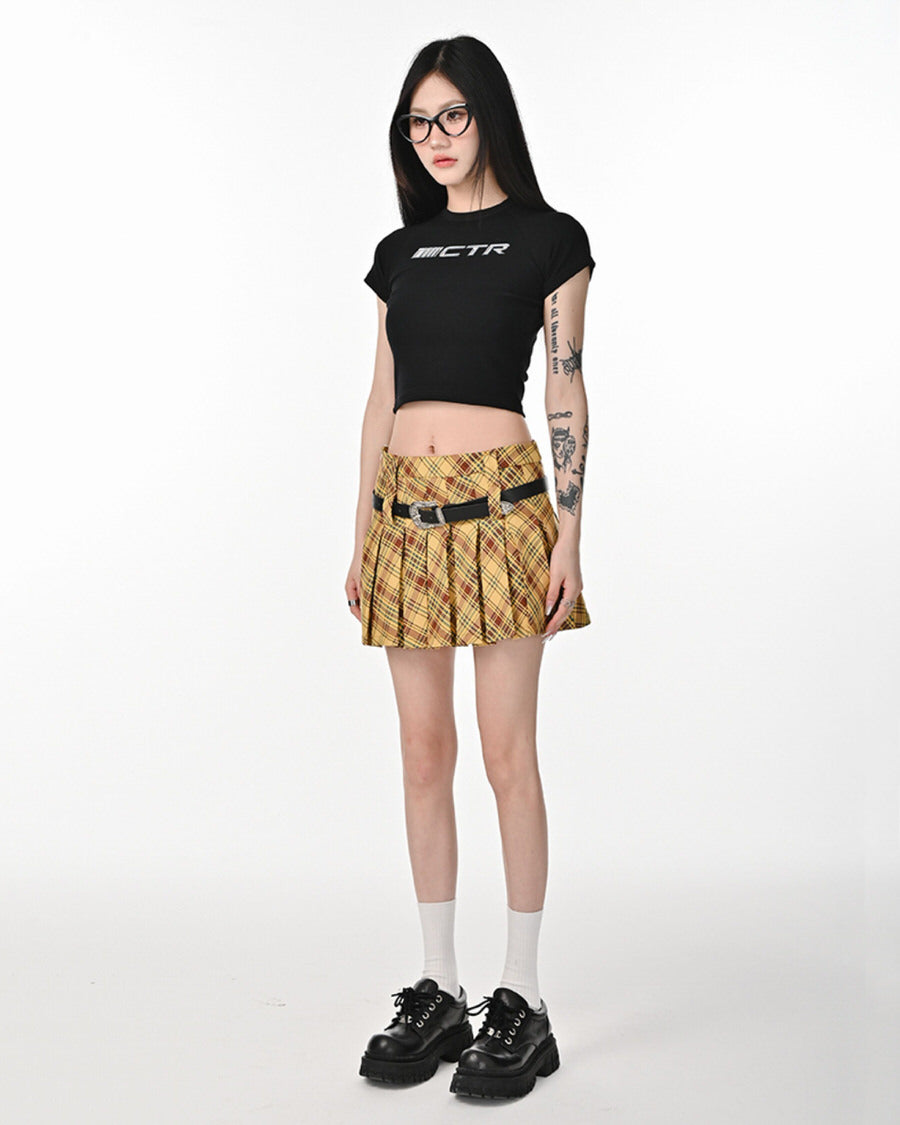 Y2K Aesthetic Double Belt Plaid Pleated Skirt in Yellow - Cute Preppy Grunge Style