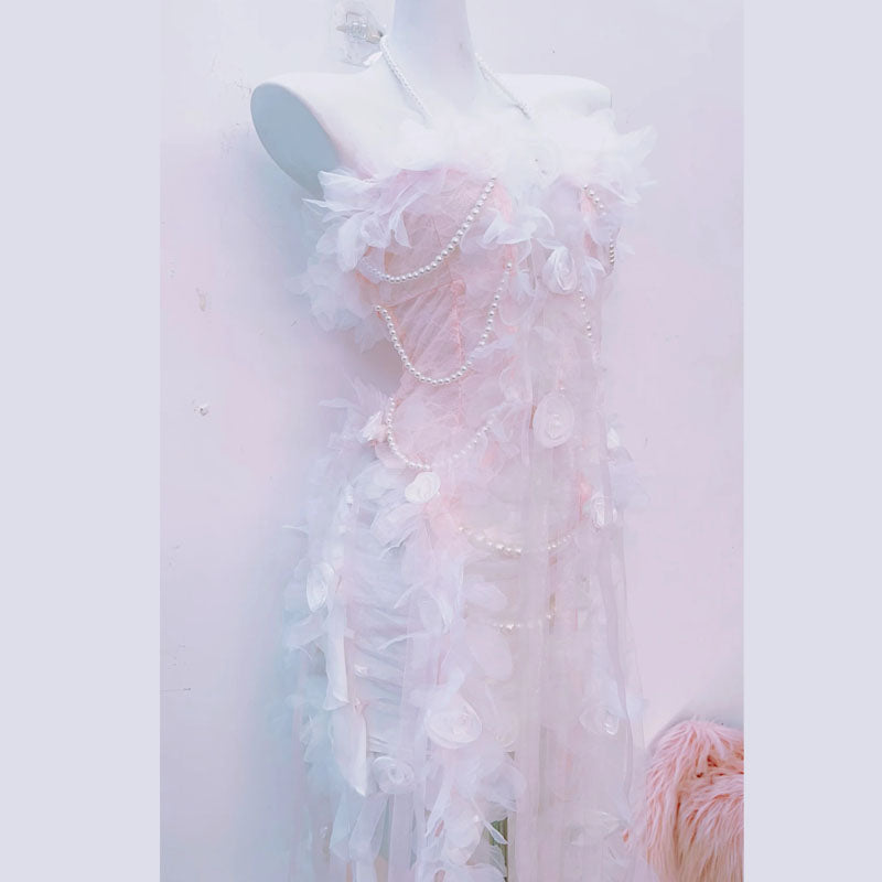 Y2K Aesthetic Halter Midi Dress with Beaded Flower Applique & Ruched Design