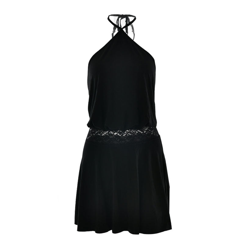 Y2K Aesthetic Halter Mini Dress with Lace Patchwork - Cute Coquette Style for Every Occasion