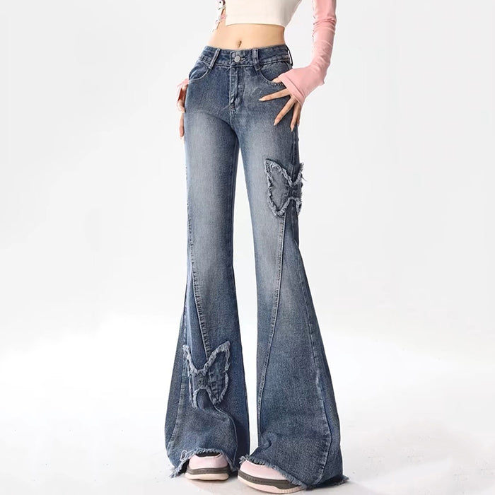 Y2K Butterfly Flare Jeans - Vintage Grunge Aesthetic with Cute Pastel Vibes and Y2K Style