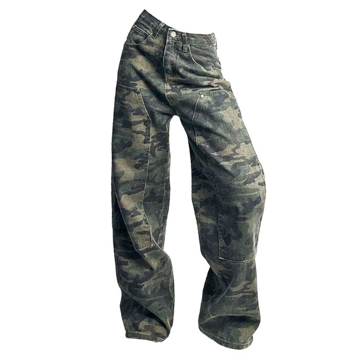 Y2K Camouflage Cargo Jeans - Vintage Grunge Style for Aesthetic Outfits and Comfy Looks