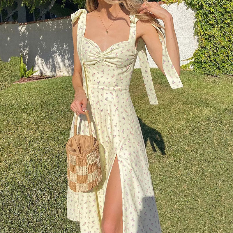 Y2K Cottagecore Midi Dress with Tie Straps - Vintage Aesthetic for Soft Girls