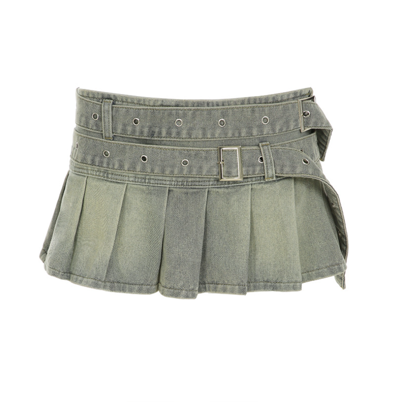 Y2K Denim Belted Pleated A-Line Mini Skirt - Cute Grunge Aesthetic Fashion Essential