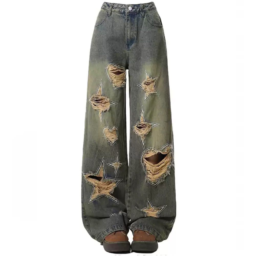 Y2K Distressed Jeans - Vintage Grunge Style with Cute Aesthetic for Trendy Outfits