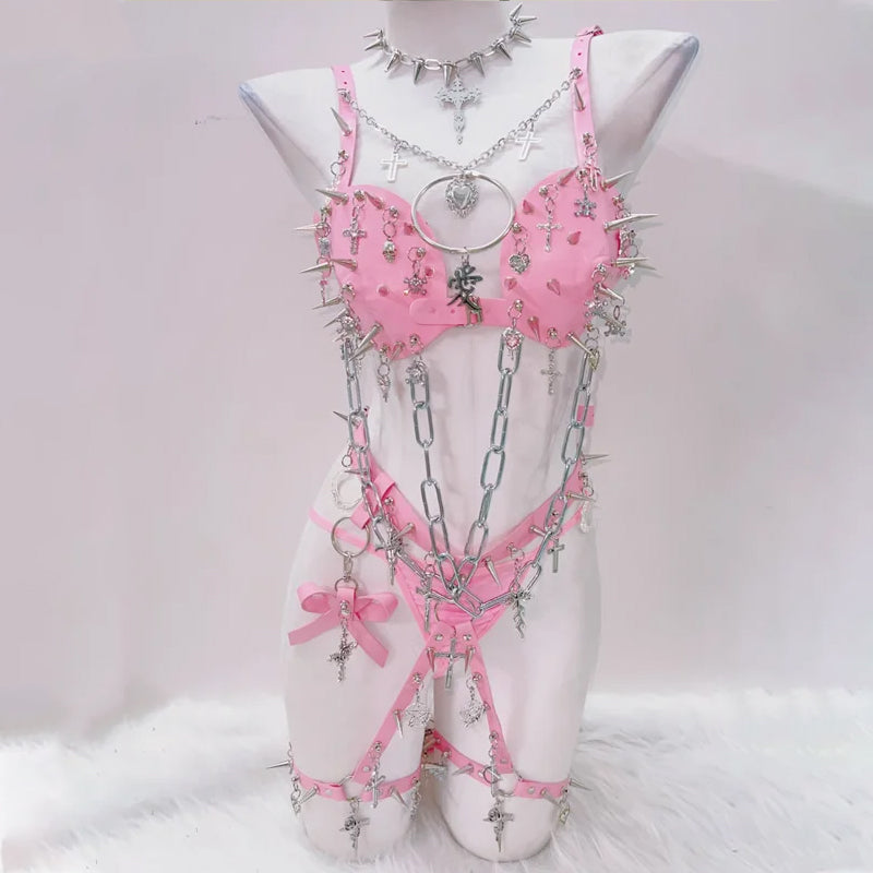 Y2K Fashion Adjustable Bodysuit with Rivet O-Ring Chain - Grunge Aesthetic & Coquette Style