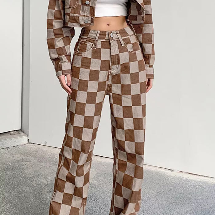 Y2K Fashion Brown Checkered Jeans - Vintage Grunge Aesthetic, Cute & Comfy Style
