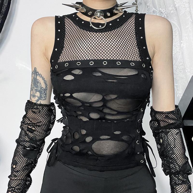 Y2K Fashion Crewneck Fishnet Lace-Up Tank Top - Grunge Aesthetic Buckle Detail