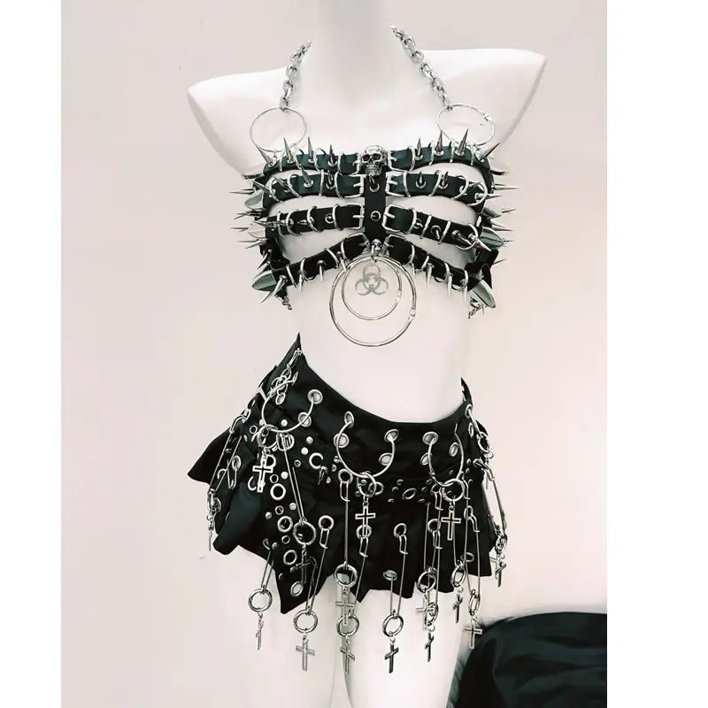 Y2K Fashion Halter Mini Skirt Set with O-Ring Rivet Applique - Grunge Aesthetic Vibes