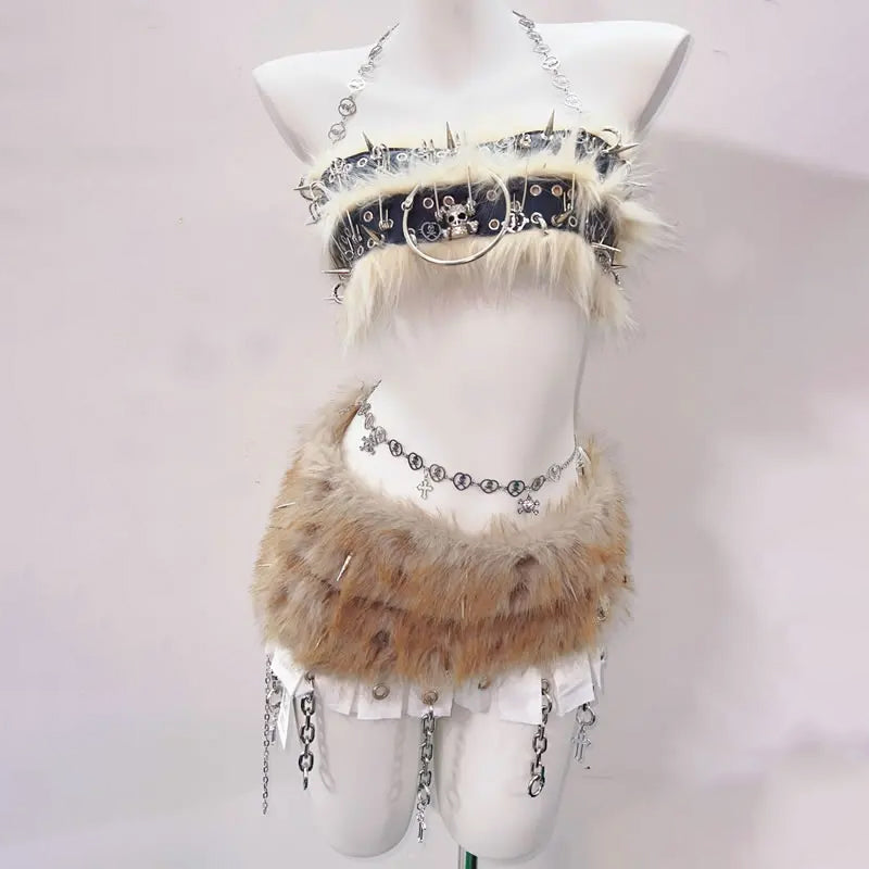 Y2K Fashion Halter Skull Applique Mini Skirt Set with O-Ring & Fluffy Details