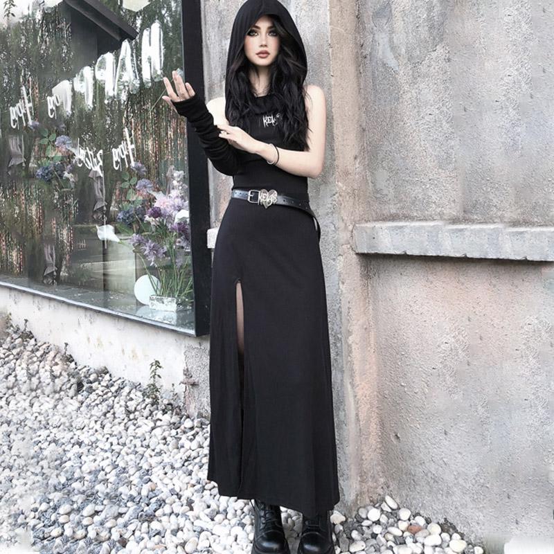 Y2K Fashion Irregular Slit Letter Pattern Hoodie Belt Maxi Dress - Grunge Aesthetic Style