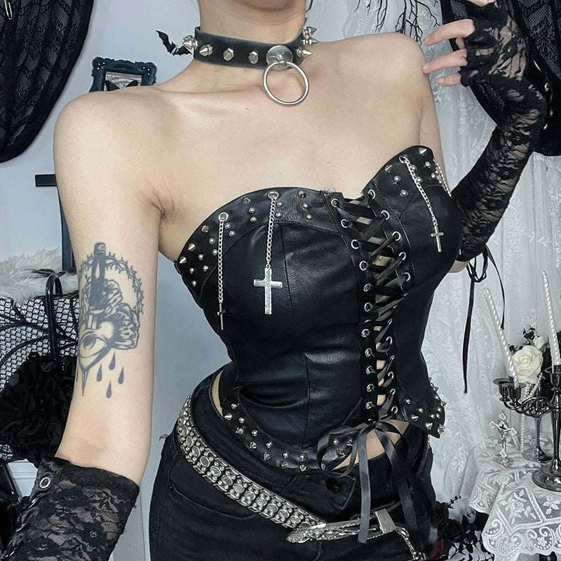 Y2K Fashion Lace-Up PU Leather Tube Top with Metal Chain - Grunge Aesthetic Cute Top
