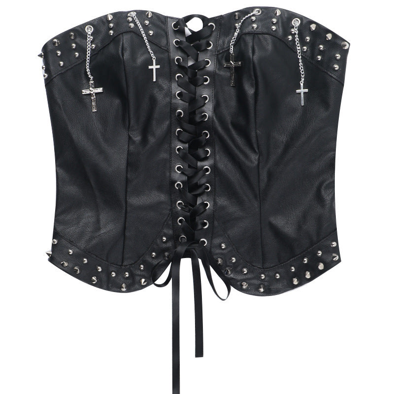Y2K Fashion Lace-Up PU Leather Tube Top with Metal Chain - Grunge Aesthetic Cute Top