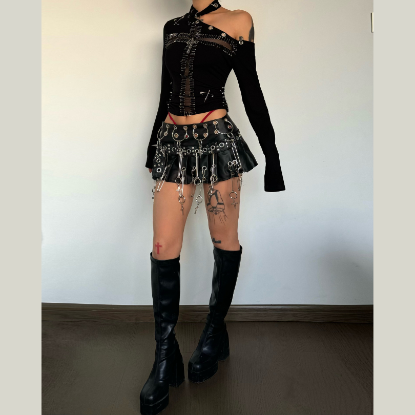 Y2K Fashion Long Sleeve Cross Pattern Hollow Out Top - Grunge Aesthetic Cute Style