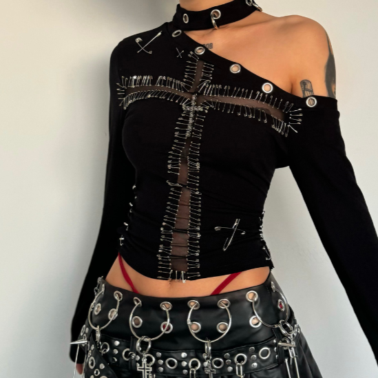 Y2K Fashion Long Sleeve Cross Pattern Hollow Out Top - Grunge Aesthetic Cute Style