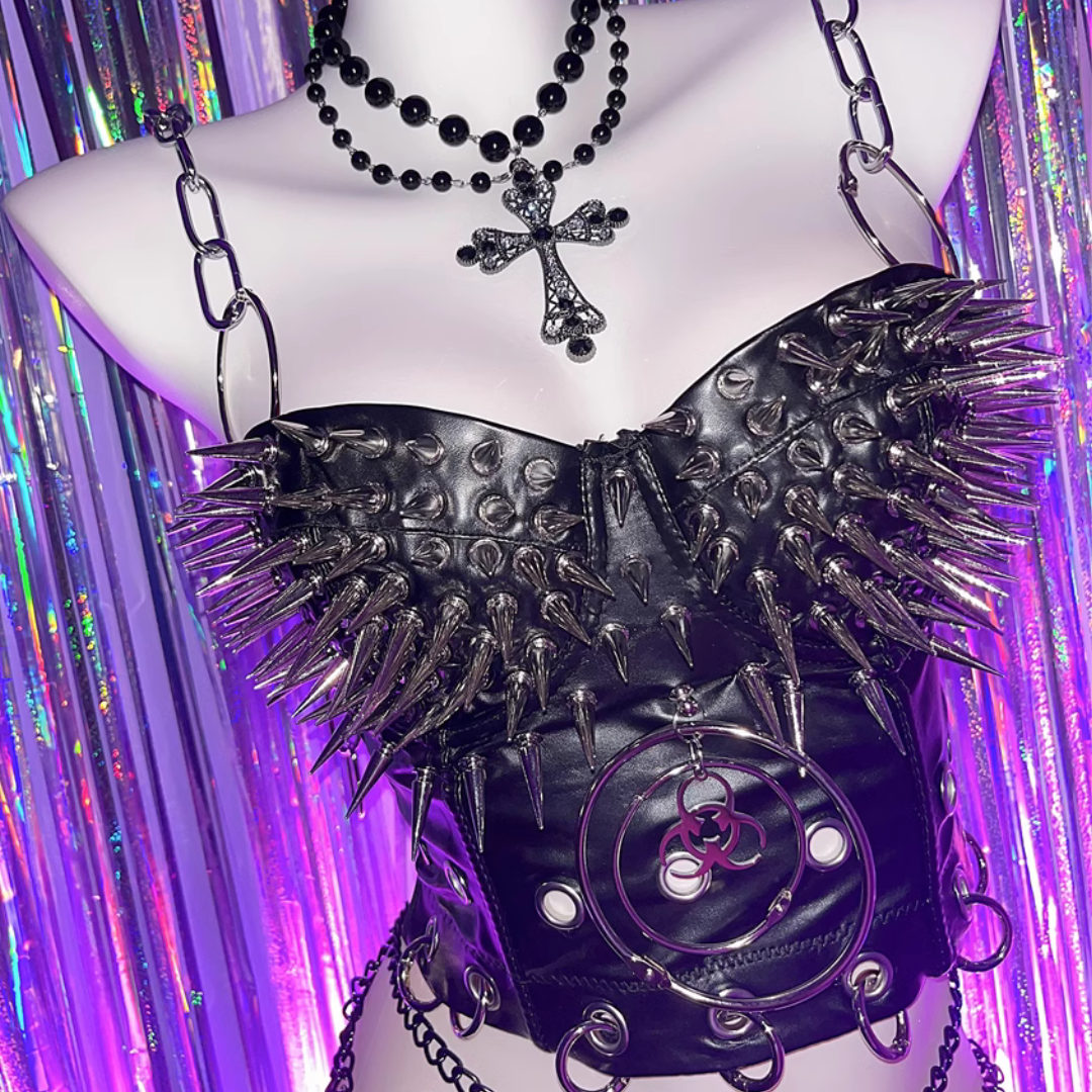 Y2K Fashion O-Ring Hollow Out Metal Chain Rivet Applique PU Leather Top - Grunge Aesthetic