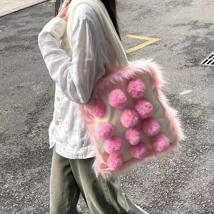 Y2K Fashion Pink Fluffy Pom Poms Bag - Cute Aesthetic Accessory for Coquette Style