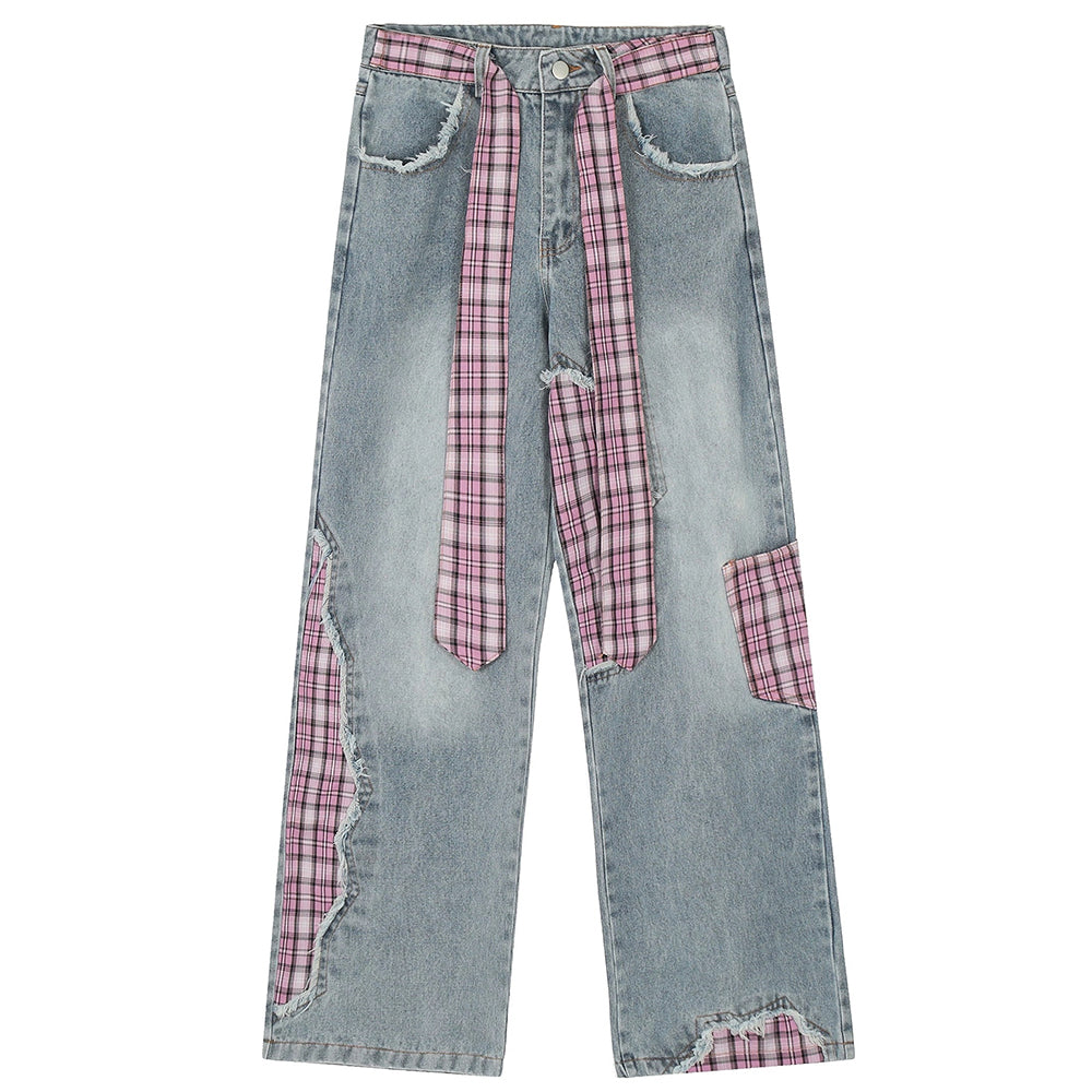 Y2K Fashion Plaid Patchwork Jeans - Grunge Aesthetic, Cute Tops & Comfy Style