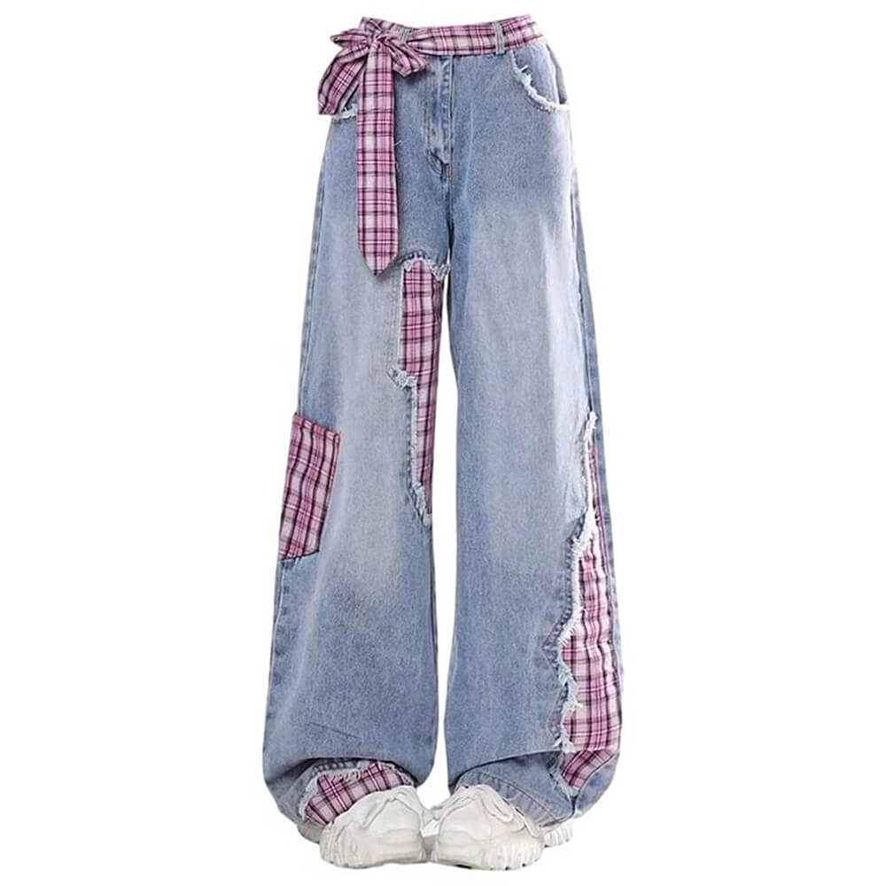 Y2K Fashion Plaid Patchwork Jeans - Grunge Aesthetic, Cute Tops & Comfy Style