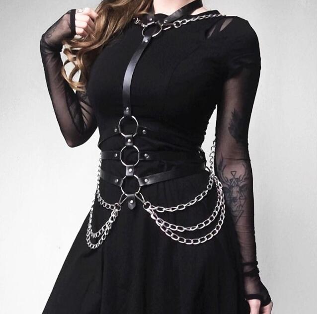 Y2K Fashion PU Leather Metal Chain O-Ring Harness for Grunge Aesthetic & Coquette Style