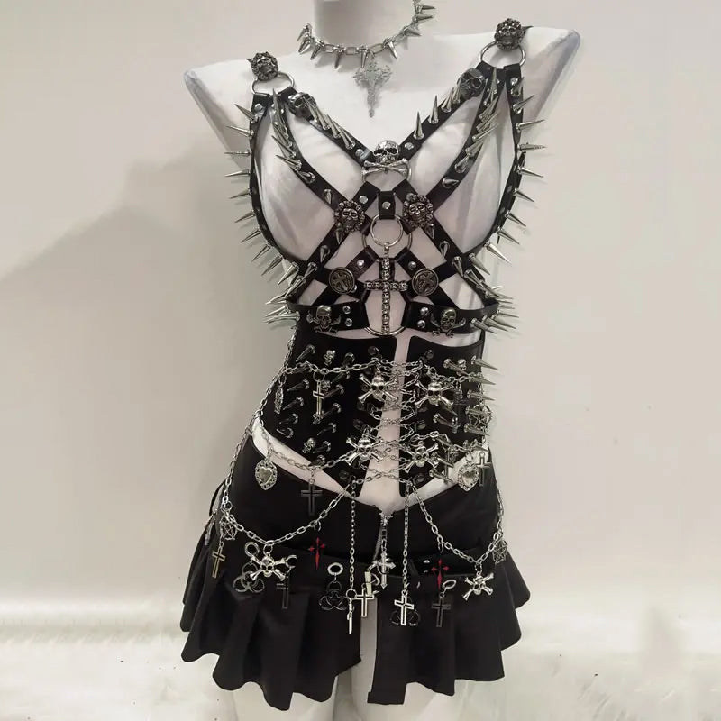 Y2K Fashion Rivet Harness Skull Applique Corset & Slit Mini Skirt Set - Grunge Aesthetic