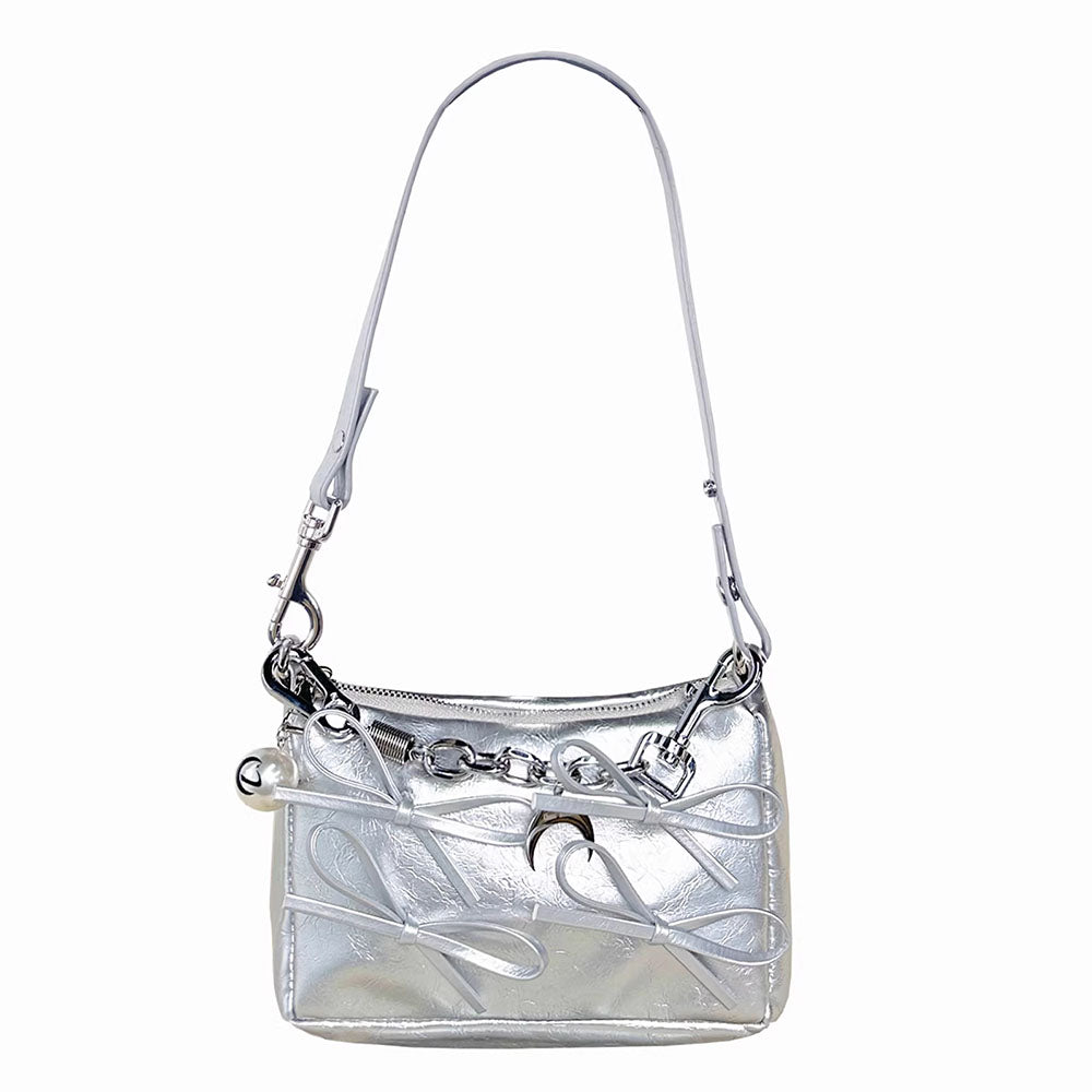 Y2K Fashion Silver Bows Shoulder Bag - Cute Coquette Aesthetic for Stylish Outfits