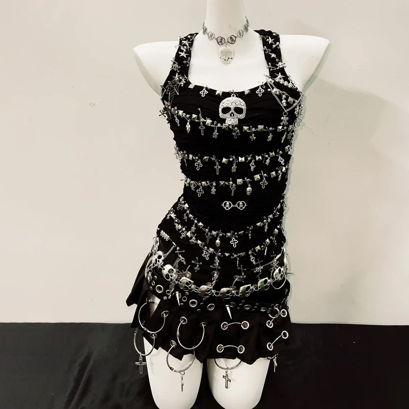 Y2K Fashion Skull Applique PU Leather Mini Skirt Set - Grunge Aesthetic Cute Top Outfit