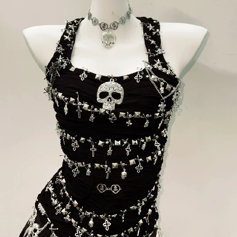 Y2K Fashion Skull Applique PU Leather Mini Skirt Set - Grunge Aesthetic Cute Top Outfit