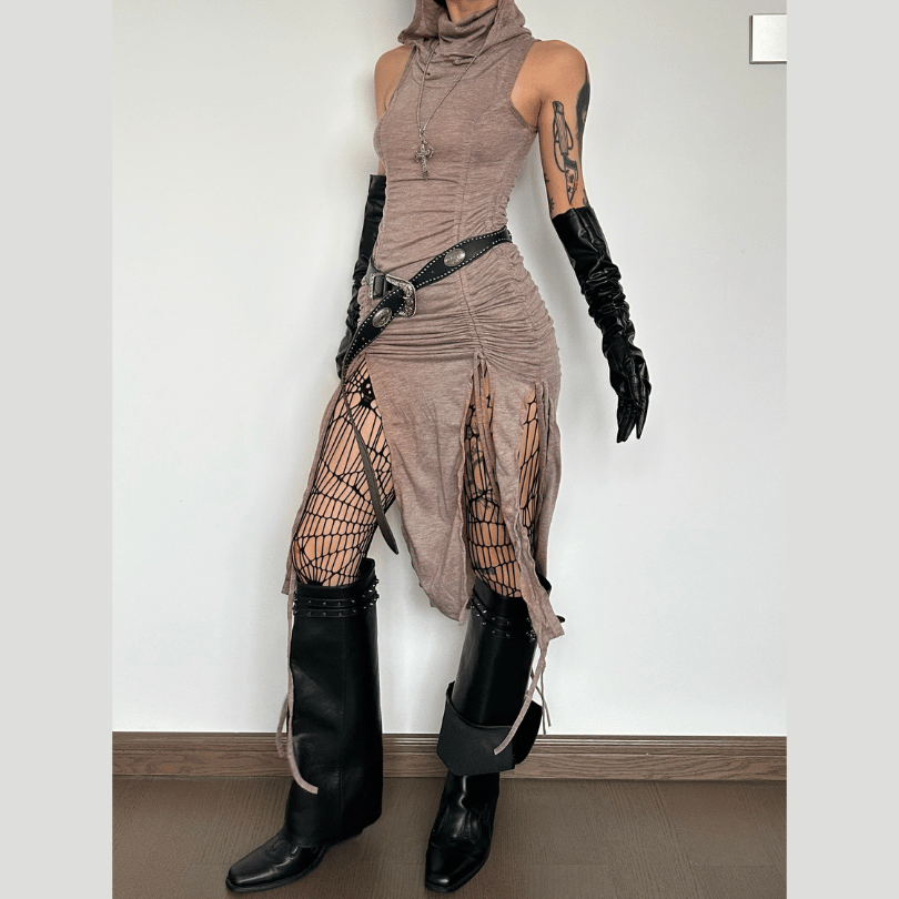 Y2K Fashion Sleeveless Drawstring Hoodie Midi Dress with Solid Slit & High Neck Aesthetic