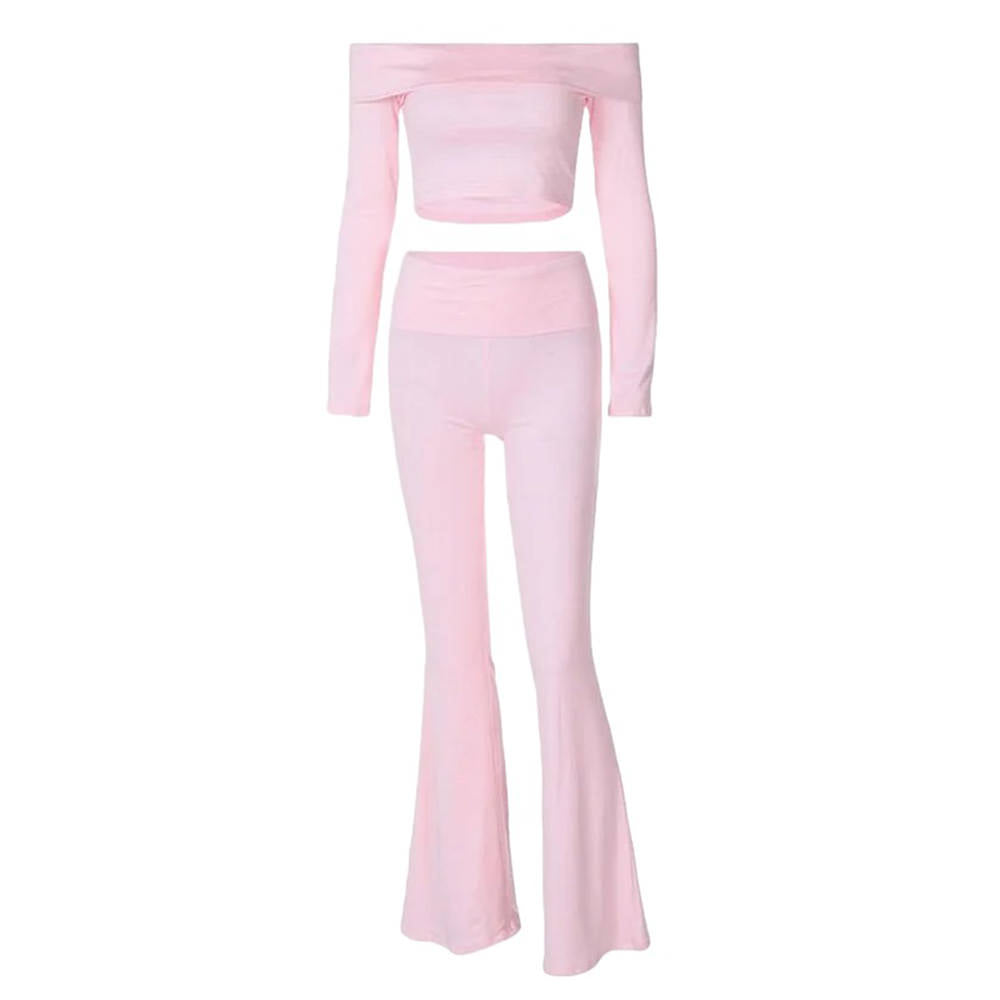 Y2K Fashion Soft Girl Bardot Top & Flare Pants Co-Ord - Cute Aesthetic Outfit Set