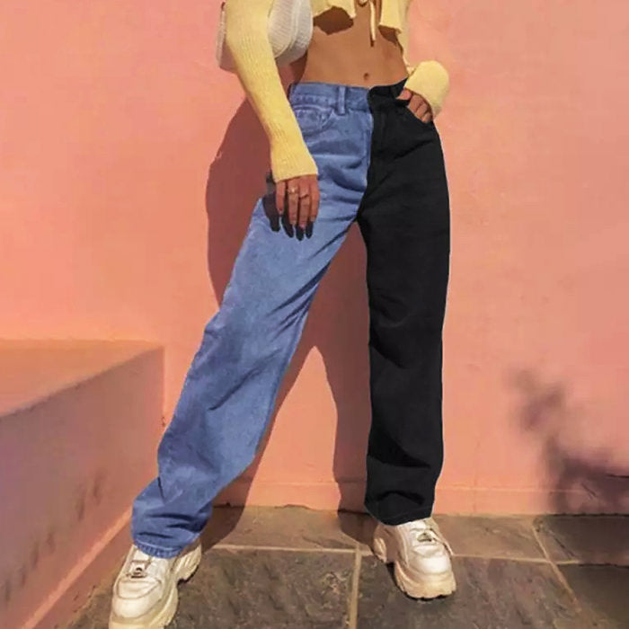 Y2K Fashion Split Color Jeans - 90s Grunge Aesthetic with Cute Pastel Details