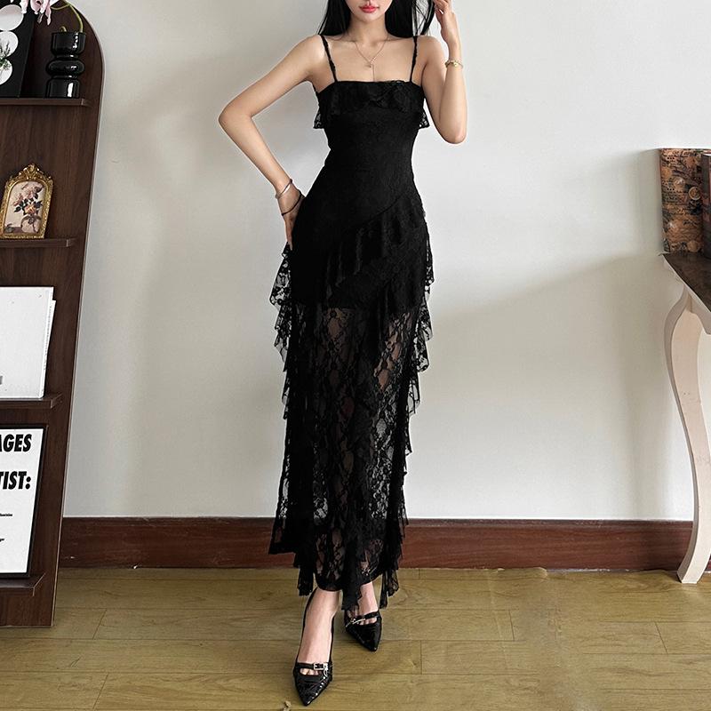 Y2K Fashion Square Neck Ruffle Slit Cami Maxi Dress - Cute Aesthetic for Grunge & Coquette Styles