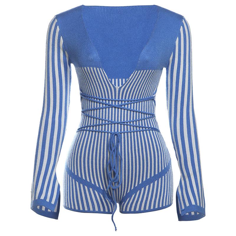 Y2K Fashion Striped Deep V Neck Long Sleeve Self Tie Romper - Cute Grunge Aesthetic Outfit